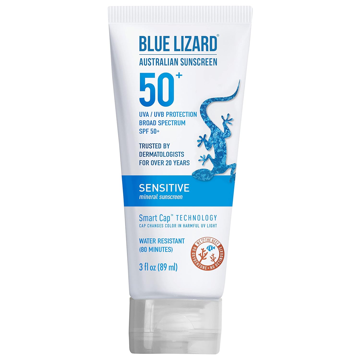 Blue Lizard Sensitive Mineral Sunscreen With Zinc Oxide, Spf 50+, Water Resistant, Uva/Uvb Protection With Smart Cap Technology - Fragrance Free, 3 Oz. Tube