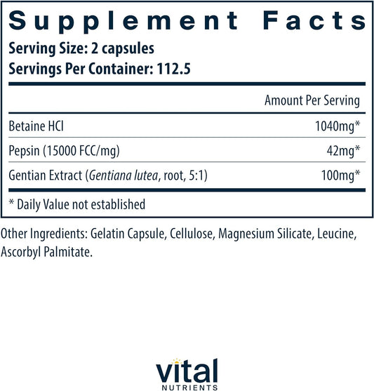 Vital Nutrients Betaine Hcl Pepsin With Gentian Root Extract | Digestive Enzyme Formula To Support Protein Digestion And Nutrient Absorption* | Gluten, Dairy, Soy Free | 225 Capsules