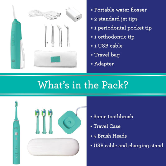 Gurunanda Lion & Lamb Kit (Teal) - Portable Water Flosser (300Ml) With 4 Jet Tips & 5000 Mah Rechargeable Sonic Toothbrush With 4 Brush Heads & More