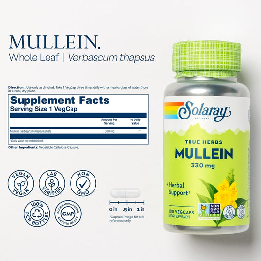 Solaray Mullein Leaf 330 Mg - Soothing Herbal Support - Traditionally Used To Support Health And Wellness - Vegan, Non-Gmo, Lab Verified, 60-Day Money-Back Guarantee, 100 Servings, 100 Vegcaps