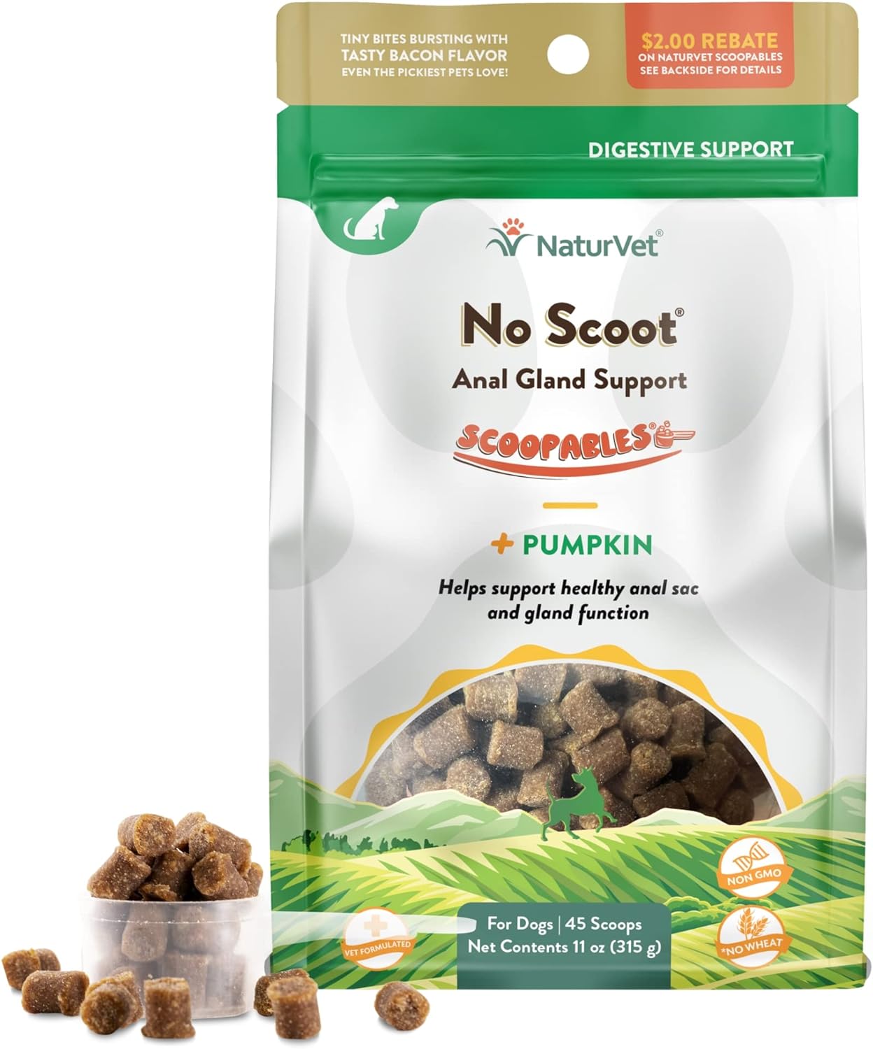 NaturVet Scoopables No Scoot For Dog Bite - Anal Gland Support For Dogs - Supports Normal Bowel Function - Chewable Stool & Bowel Health Pet Supplement - Pumpkin, Psyllium Husk, & Beet Pulp | 11oz Bag