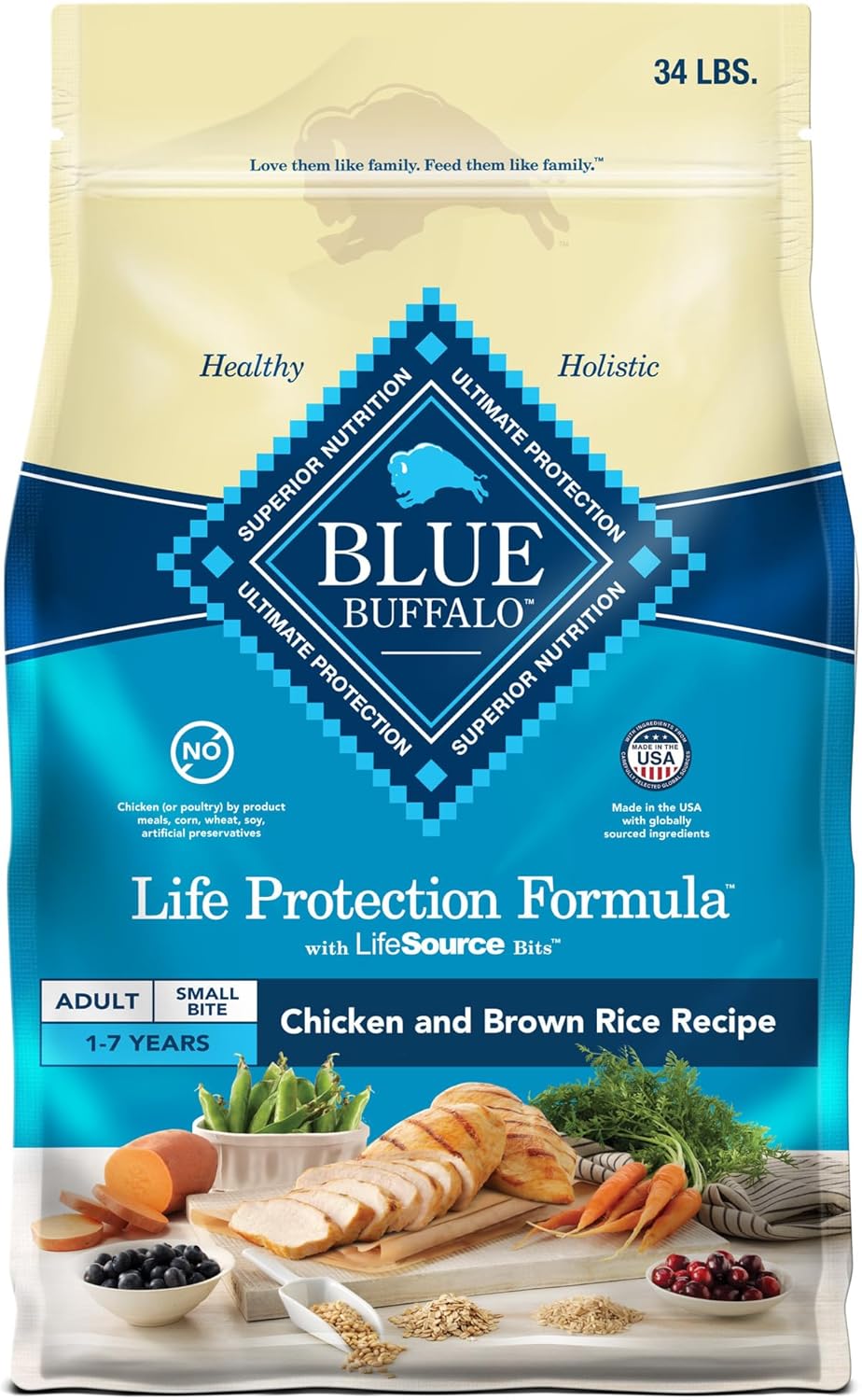 Blue Buffalo Life Protection Formula Adult Small Bite Dry Dog Food, Helps Build And Maintain Strong Muscles, Made With Natural Ingredients, Chicken & Brown Rice Recipe, 34-Lb. Bag