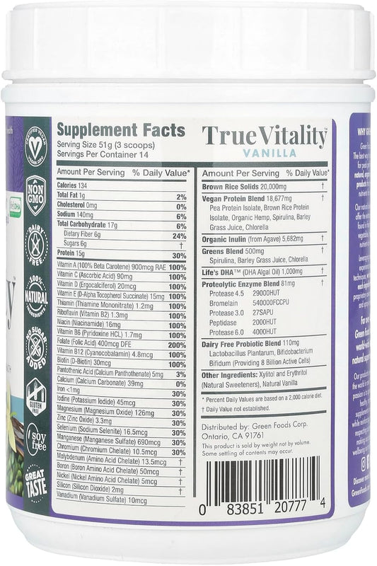 Green Foods True Vitality Plant Protein Shake, Vanilla, 25.2 Ounce