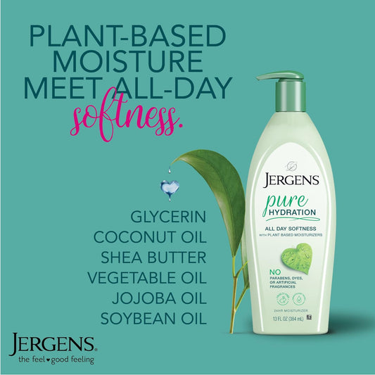 Jergens Pure Hydration Body Lotion, Plant Based Moisturizer Hydrates Dry to Extra Dry Skin, Paraben and Cruelty Free, Fragrance Free Formula, 24hr Hydration, 13 oz Pump Bottle