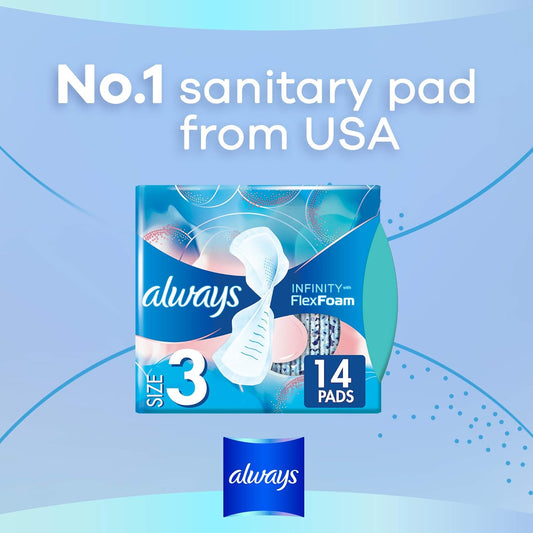 Always Infinity Size 3 Feminine Pads with Wings, Extra Heavy Flow Absorbency, Unscented, 14 Count