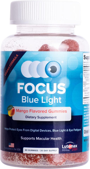 Focus Blue Light Supplement | Lutein and Zeaxanthin Supplement for Eye Health and Blue Light Protection | 60 Count Mango Flavored Gummy, 30 Day Supply