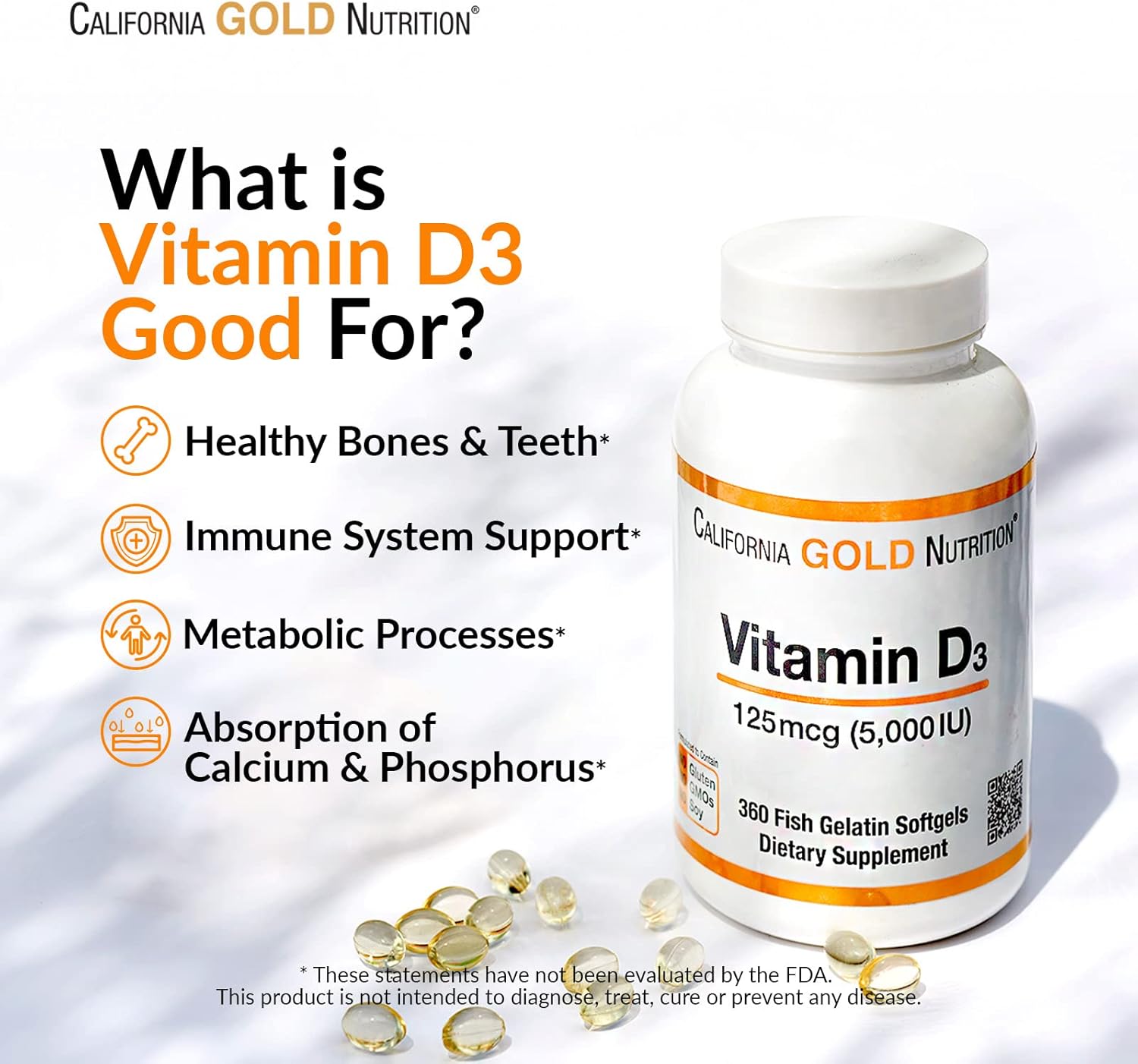 Vitamin D3 Supplement by California Gold Nutrition - Support for Healthy Bones & Teeth - Immune System Support - Gluten Free, Non-GMO - 125 mcg (5,000 IU) - 2 Pack of 90 Fish Gelatin Softgels Each : Health & Household