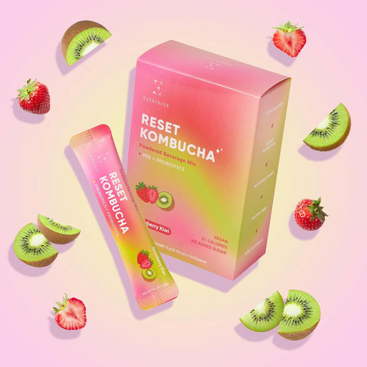 Everydaze Reset Kombucha Tea Powdered Beverage Mix | 10 Sticks | Prebiotics + Probiotics | Vegan | No Added Sugar, Gluten Free, Sparkling Powder Drink Pack (Strawberry Kiwi)