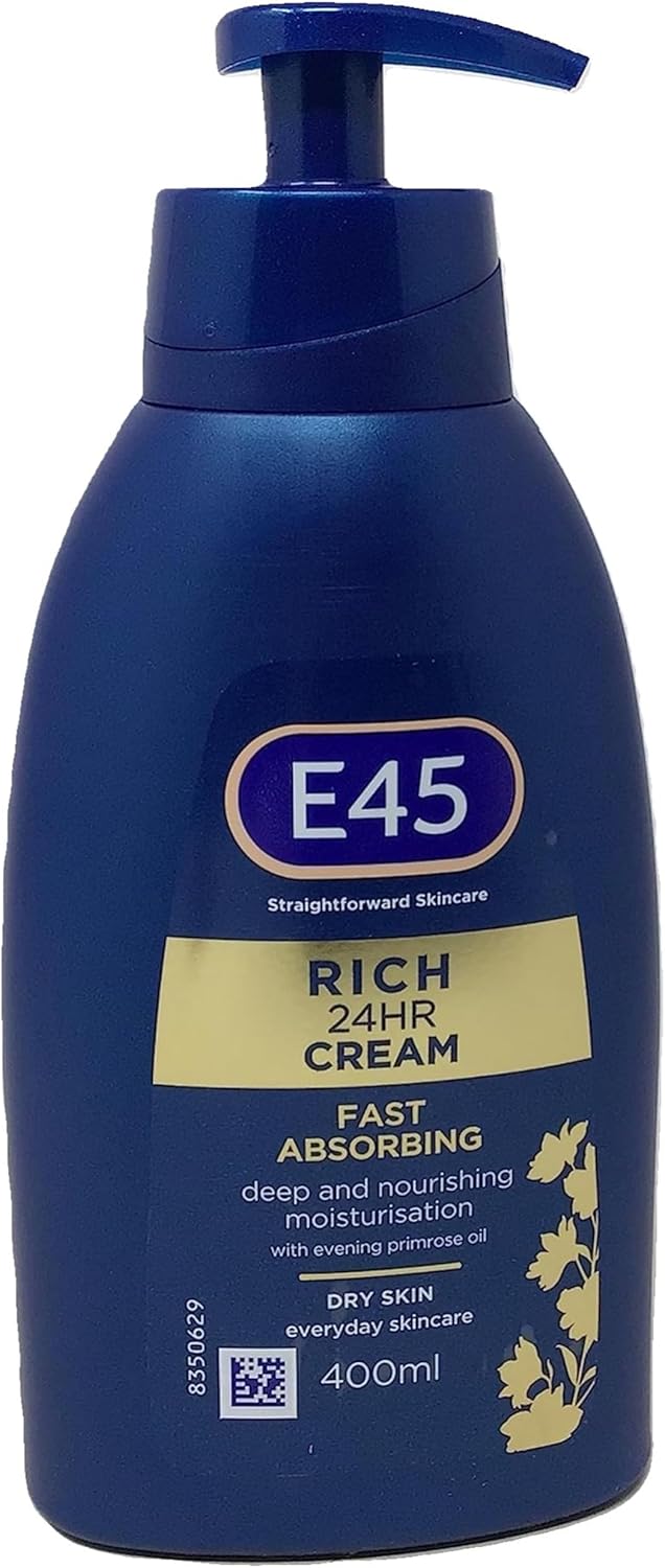 E45 Rich 24 Hour Fast Absorption Deep Nourishing Moisturisation Cream With Evening Primrose Oil 400Ml (Pack May Vary)