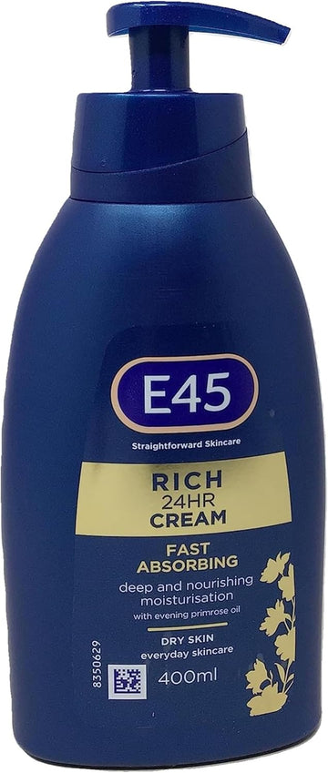 E45 Rich 24 Hour Fast Absorption Deep Nourishing Moisturisation Cream With Evening Primrose Oil 400Ml (Pack May Vary)