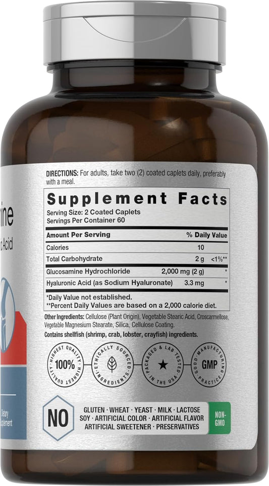 Horbäach Glucosamine Hcl | With Hyaluronic Acid | 2000Mg | 120 Coated Caplets | Non-Gmo & Gluten Free Supplement