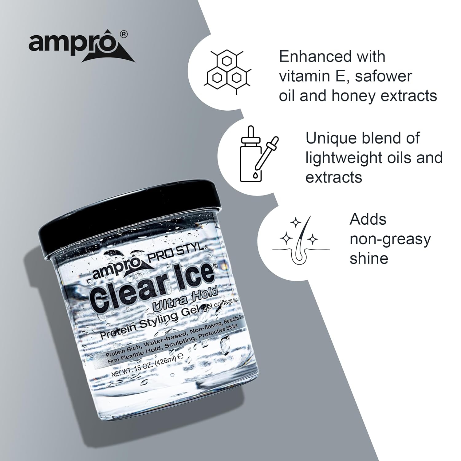 Ampro Pro Styl Clear Ice Styling Gel - Protects And Strengthens Your Strands - Non-Flaking, Alcohol Free, Vegan Formula - Flexible, Touchable Hold For All Hair Types - 15 Oz : Beauty & Personal Care