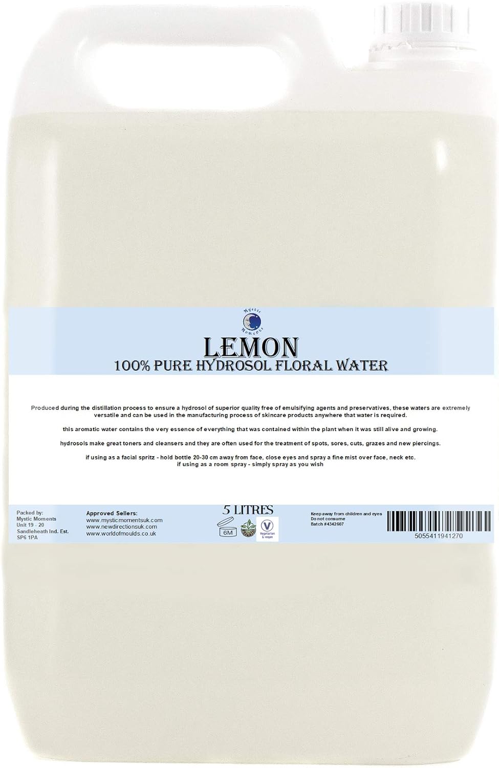 Mystic Moments | Lemon Natural Hydrosol Floral Water 5 Litres | Perfect For Skin, Face, Body & Homemade Beauty Products Vegan Gmo Free
