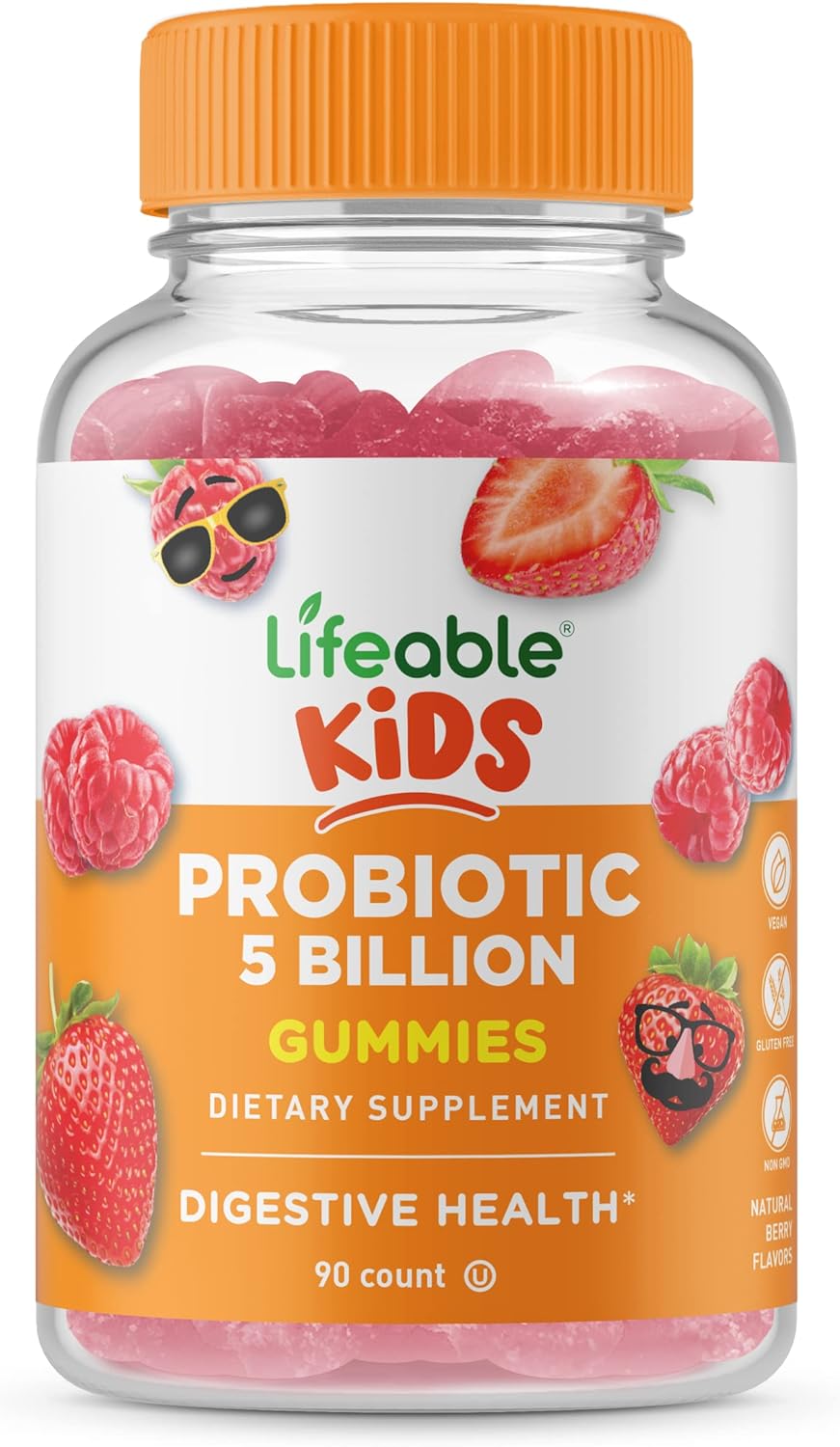 Lifeable Probiotics for Kids - 50 mg (5 Billion) - Great Tasting Natural Flavor Gummy Supplement - Gluten Free Vegetarian GMO-Free Probiotic Chewable - for Gut Health and Immune Support - 90 Gummies