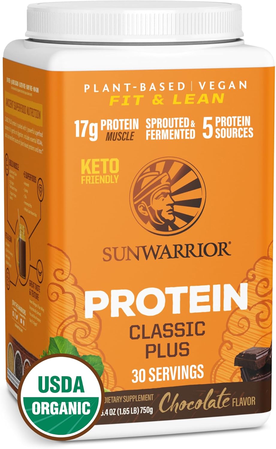 Sunwarrior Vegan Organic Protein Powder Plant-Based | 5 Superfood Quinoa Chia Seed Soy Free Dairy Free Gluten Free Synthetic Free Non-Gmo | Chocolate 30 Servings | Classic Plus