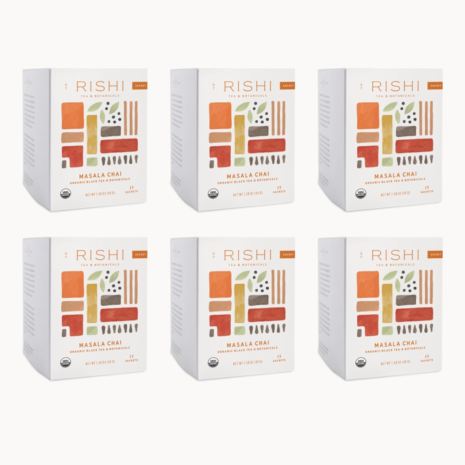 Rishi Tea Masala Chai Tea - Organic Sachet Tea Bags, Assam Black Tea Blend With Whole Spices, Energizing & Caffeinated - 15 Count (Pack Of 6)