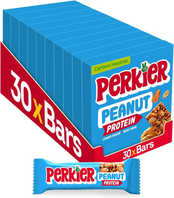 Perkier Peanut Bars (30 Bars), Vegan, Gluten Free, Protein, High Fibre, Lower Sugar Snack, Natural Ingredients, Lower Calorie, Healthy, No Palm Oil, Nut Bar, Carbon Neutral