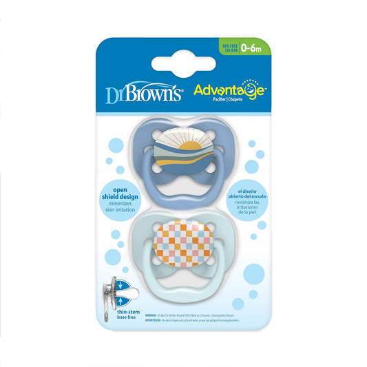 Dr. Brown'S Advantage Baby Pacifier, Fully Symmetrical Soother With Soft Silicone Bulb, 0-6M, Bpa Free, Blue Sunrise, 2 Pack (Style May Vary)