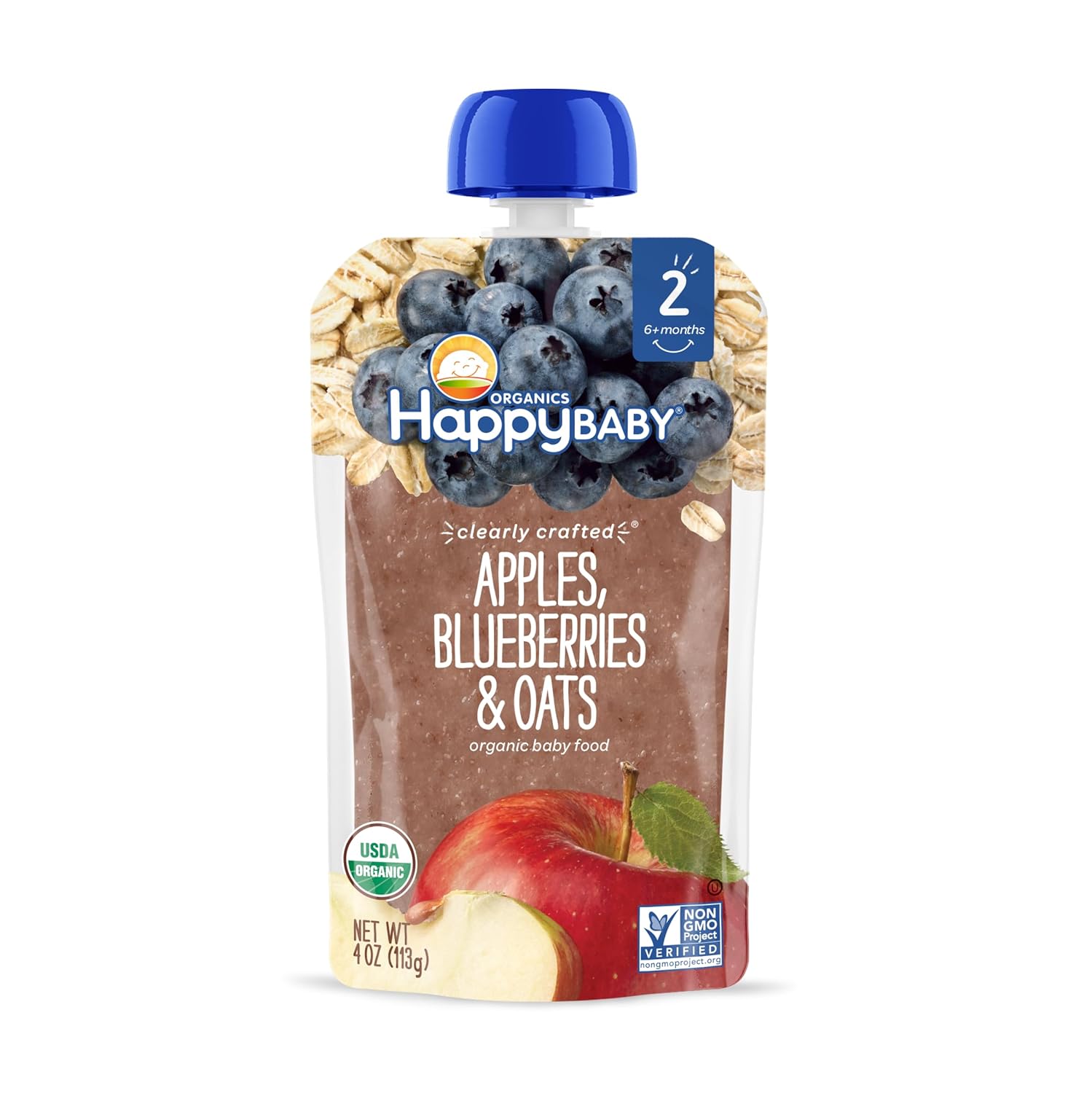 Happy Baby Organics Stage 2 Baby Food Pouches, Gluten Free, Vegan & Healthy Snack, Clearly Crafted Oat & Fruit Puree, Apples, Blueberries & Oats, 4 Ounces (Pack Of 16)
