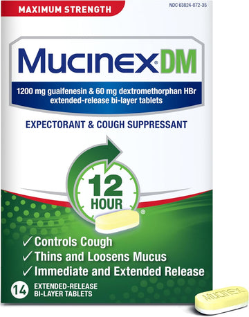 Mucinex Dm 12Hr Maximum Strength Chest Congestion & Cough Medicine For Adults, Cold And Cough Medicine For Excess Mucus Relief, 1200 Mg Guaifenesin & 60 Mg Dextromethorphan Hbr, 14 Bi-Layer Tablets