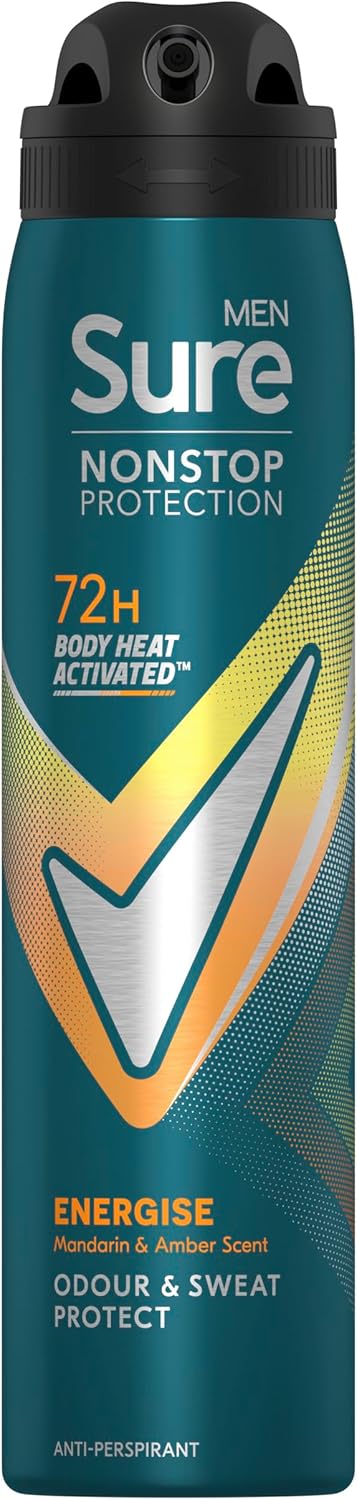 Sure Men Nonstop Protection Energise Anti-Perspirant Aerosol Men'S Deodorant Spray With Body Heat Activated Technology For 72 Hour Protection Against Odour And Sweat 6X 250 Ml
