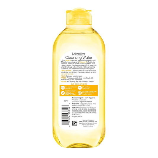 Garnier Micellar Water With Vitamin C, Facial Cleanser & Makeup Remover, Brightening & Hydrating, For All Skin Types, Vegan, Cruelty Free, 13.5 Fl Oz (400Ml), 1 Count