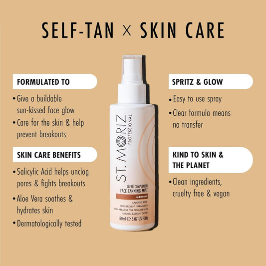 St Moriz Professional Clear Complexion Tanning Face Mist | Fast Drying Buildable Fake Tan Spray | With Salicylic Acid To Help Prevent Breakouts | Kind To Skin | Natural Buildable Face Glow | 150Ml