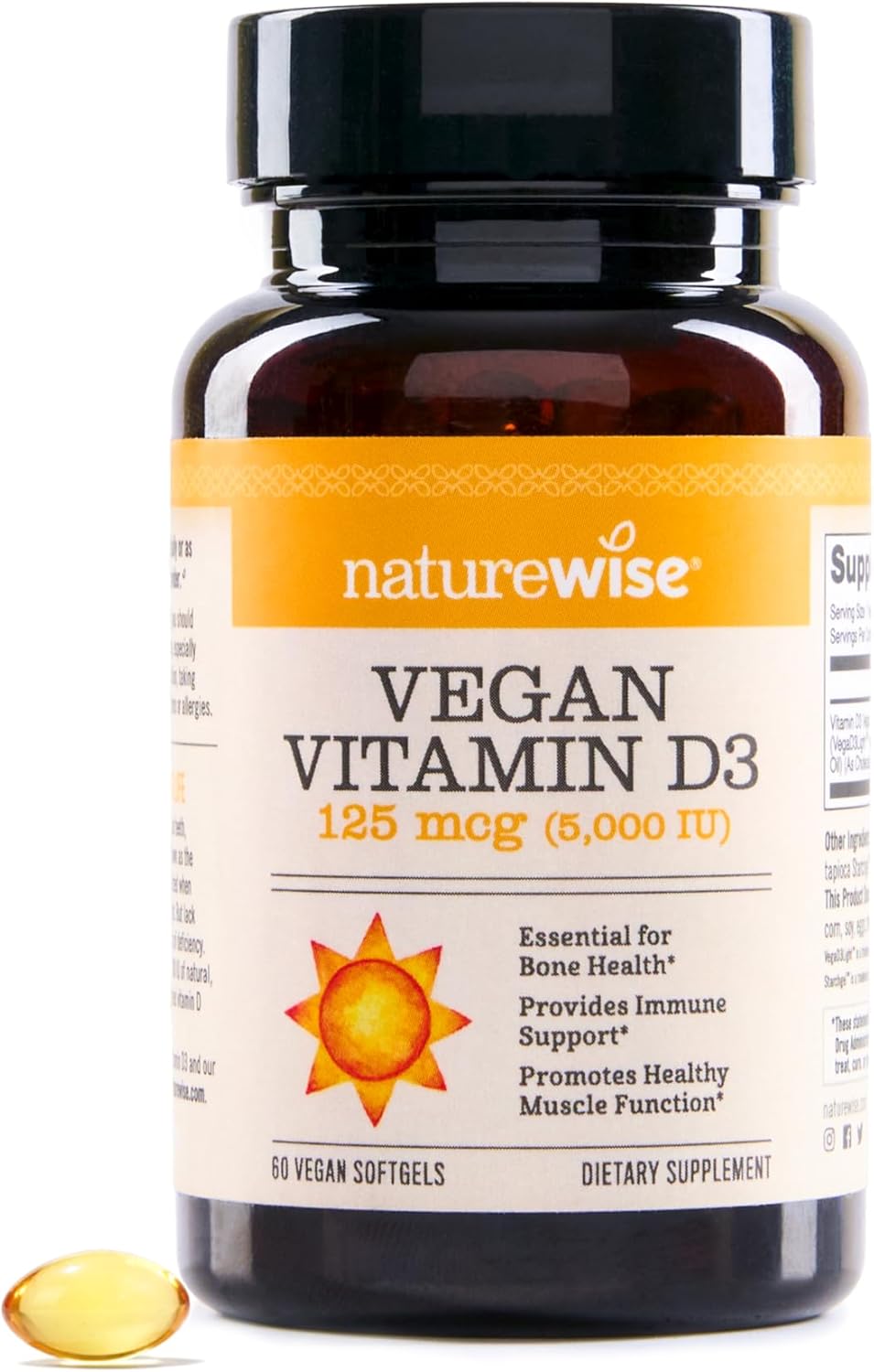 Naturewise Vegan Vitamin D3 5000Iu (125 Mcg) From Lichen - Support For Immune, Muscle, Bone Health - Bioavailable With Extra Virgin Olive Oil - Non-Gmo, Gluten-Free - 60 Softgels[2-Month Supply]