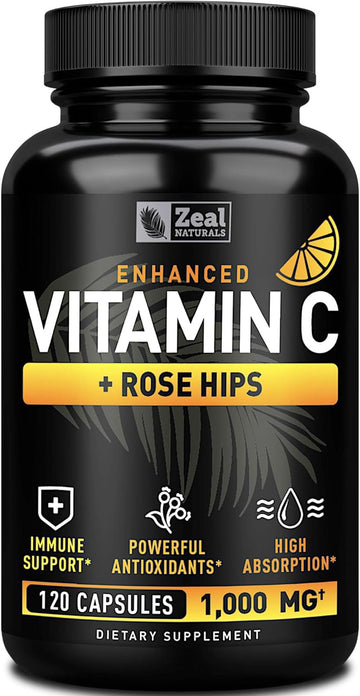 Vitamin C 1000Mg With Rosehips (120 Capsules | 1000Mg) Pure Vitamin C Capsules - Ascorbic Acid + Rose Hips For Powerful Immune System Support - High Dose Vitamin C For Adults Immune Support Vitamins