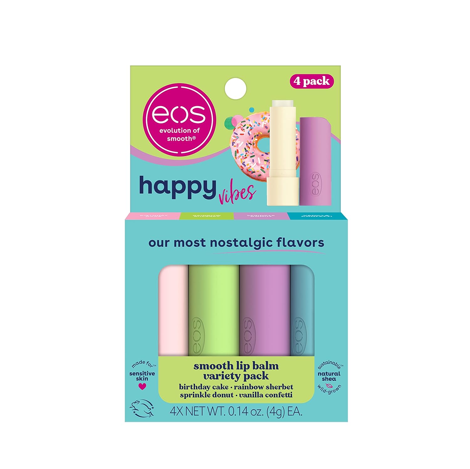 eos Happy Vibes Lip Balm Variety Pack- Sprinkle Donut, Birthday Cake, Vanilla Confetti & Rainbow Sherbet, All-Day Moisture Lip Care Products, 0.14 oz, 4-Pack