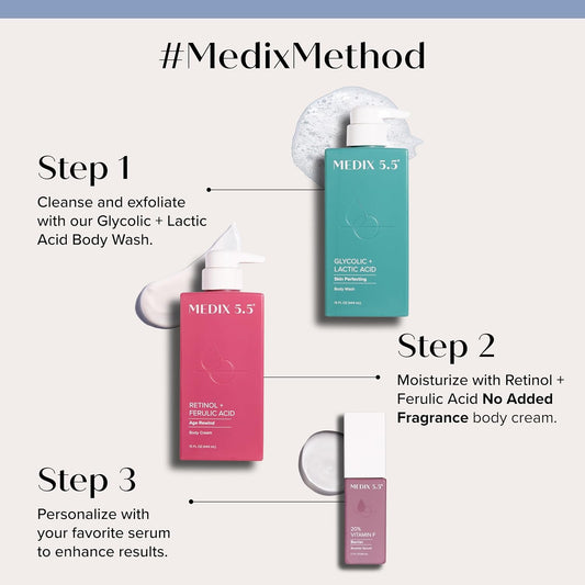 Medix Exfoliating Glycolic Acid Body Wash & Face Wash + Fragrance Free Retinol Body Lotion Skin Care Set | Crepey Skin Care Treatment | Lactic Acid Foaming Wash For Kp Bumps, Keratosis Pilaris & Acne