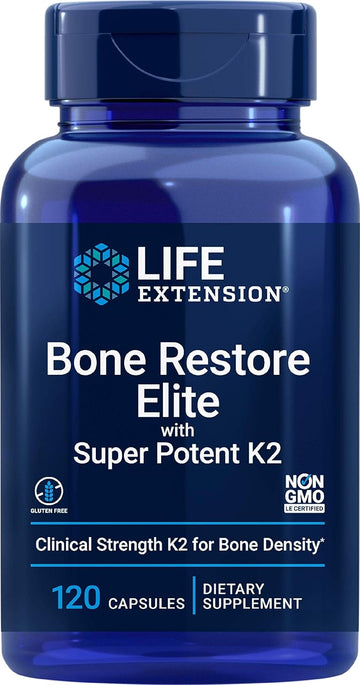 Life Extension Bone Restore Elite With Super Potent K2 - Clinically Studied Vitamin K2 & Calcium Promotes Healthy Bone Mineral Density, Bone-Friendly Formula - Non-Gmo, Gluten-Free - 120 Capsules