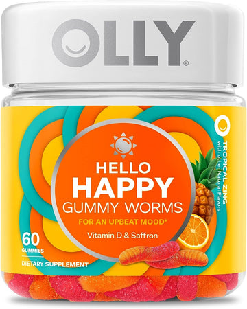 Olly Hello Happy Gummy Worms, Mood Balance Support, Vitamin D, Saffron, Adult Chewable Supplement, Tropical Zing - 60 Count