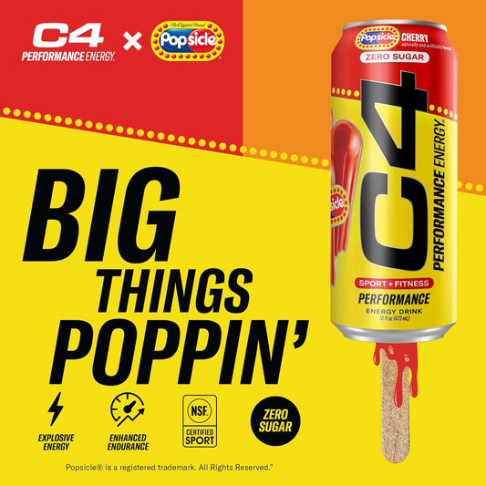 C4 Energy Drink X Popsicle Variety Pack, Carbonated Sugar Free Pre Workout Performance Drink With No Artificial Colors Or Dyes, 3 Flavors - Grape, Hawaiian Pineapple, And Cherry, 16 Oz, Pack Of 12