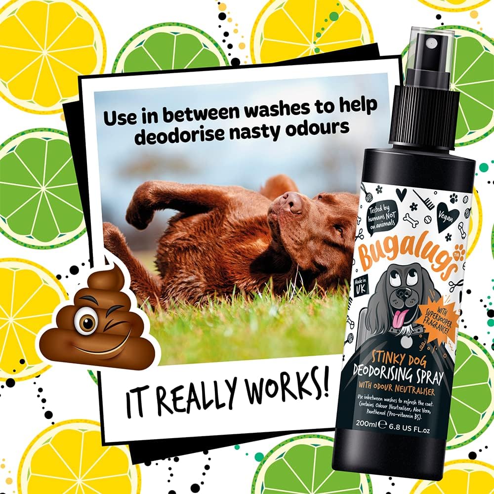 BUGALUGS Stinky Dog deodorant deodorising spray dog perfume spray with odour neutraliser - vegan dog cologne dog grooming pet odour eliminator fox poo puppy shampoo (200ml (Pack of 1)) :Pet Supplies