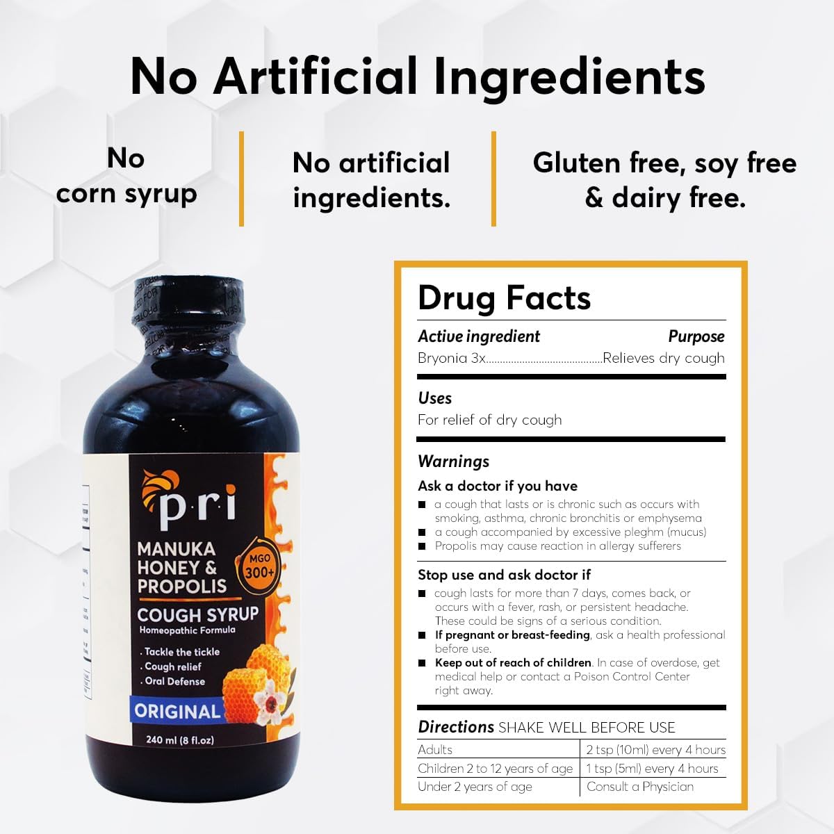 P.R.I Natural Dry Cough Syrup With Manuka Honey, Propolis, Tea Tree Oil And Vitamin C - Sore Throat & Immune Support, Original Flavor, 8Oz : Health & Household