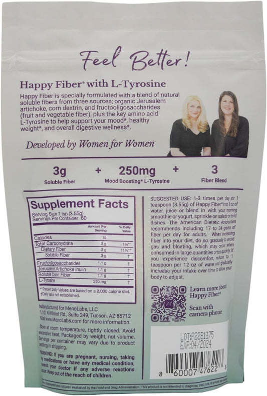 MENOLABS Happy Fiber Doctor-Formulated Triple Fiber Supplement for Women with L-Tyrosine - MenoFit Probiotic Enhancer, Metabolism Support - Digestion & Mood Balance (7.5 oz Bag)