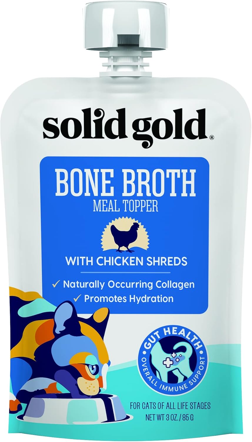 Solid Gold Bone Broth Cat Food Topper - Lickable Wet Cat Food With Protein Shreds For Hydration - Easy To Serve Wet Cat Food Gravy Bone Broth For Cats - Healthy Cat Snacks Treats - Chicken - 12 Pack