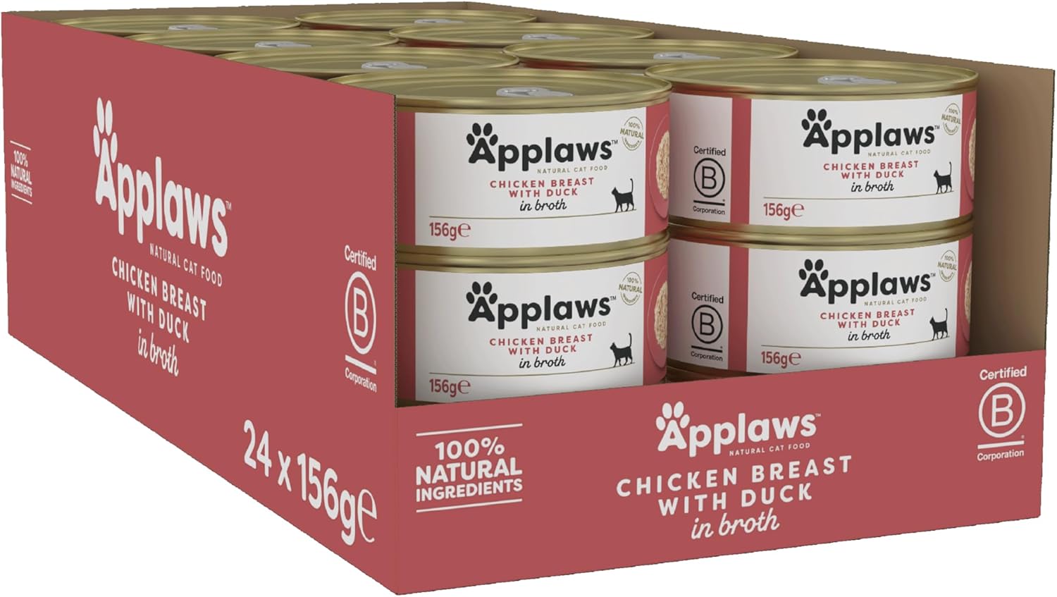 Applaws 100% Natural Wet Cat Food, Chicken with Duck in Broth for Adult Cats - Pack of 24 x 156 Tins?2025NE-A
