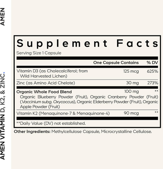 Amen Vitamin D, K2 & Zinc, Cholecalciferol D3 5000 Iu, Organic Whole Food Blend With Apple, Blueberry, Cranberry, Elderberry Powder Fruits, Vegan Supplement, D3 K2 Vitamins, Non-Gmo - 60 Capsules