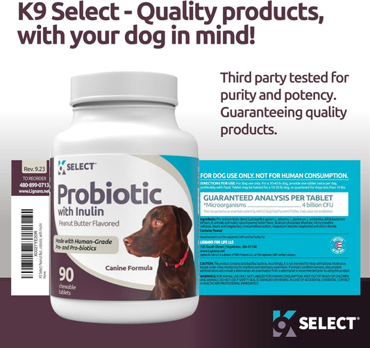 K9 Select Probiotic For Dogs, With Inulin - 90 Chewable Tablets - Supports Healthy Digestion And Nutrient Absorption - Dog Probiotics And Digestive Enzymes - Probiotics For Dogs Digestive Health