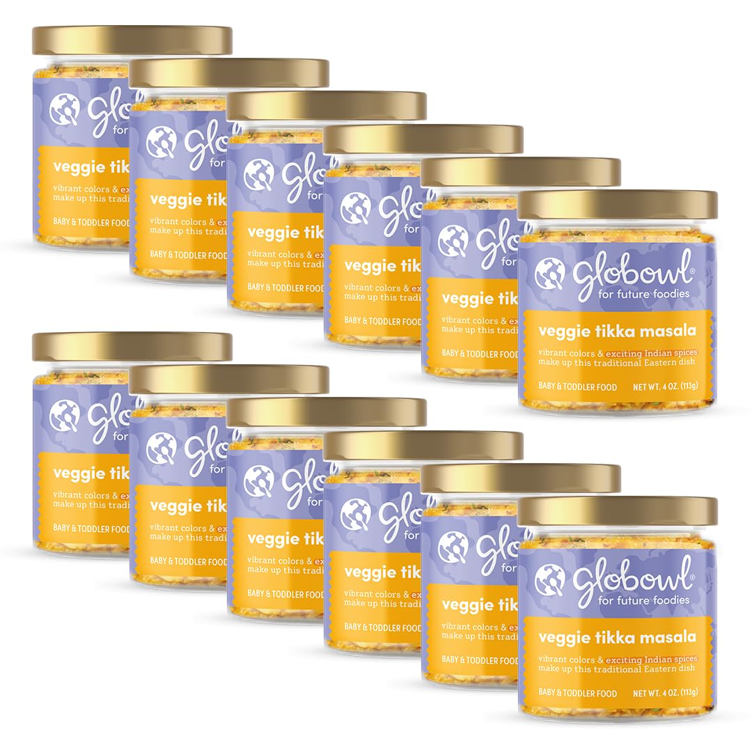 Globowl Stage 3 Baby Food & Toddler Meals, 6+ Months Early Allergen Introduction, Baby Led Weaning, International Whole Food Snacks For Toddlers, Babies, 4 Oz Glass Jar, Veggie Tikka Masala, 12-Pack