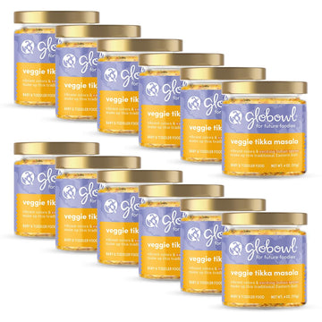 Globowl Stage 3 Baby Food & Toddler Meals, 6+ Months Early Allergen Introduction, Baby Led Weaning, International Whole Food Snacks For Toddlers, Babies, 4 Oz Glass Jar, Veggie Tikka Masala, 12-Pack