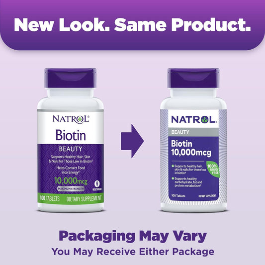 Natrol Beauty Biotin 10,000mcg Vitamins for Beauty, 100 Tablets, 100 Day Supply