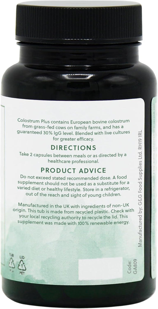 Colostrum Plus Capsules - Bovine Colostrum From Grass-Fed Cows - Min 30% Igg Level - 60 Capsules - G&G Vitamins
