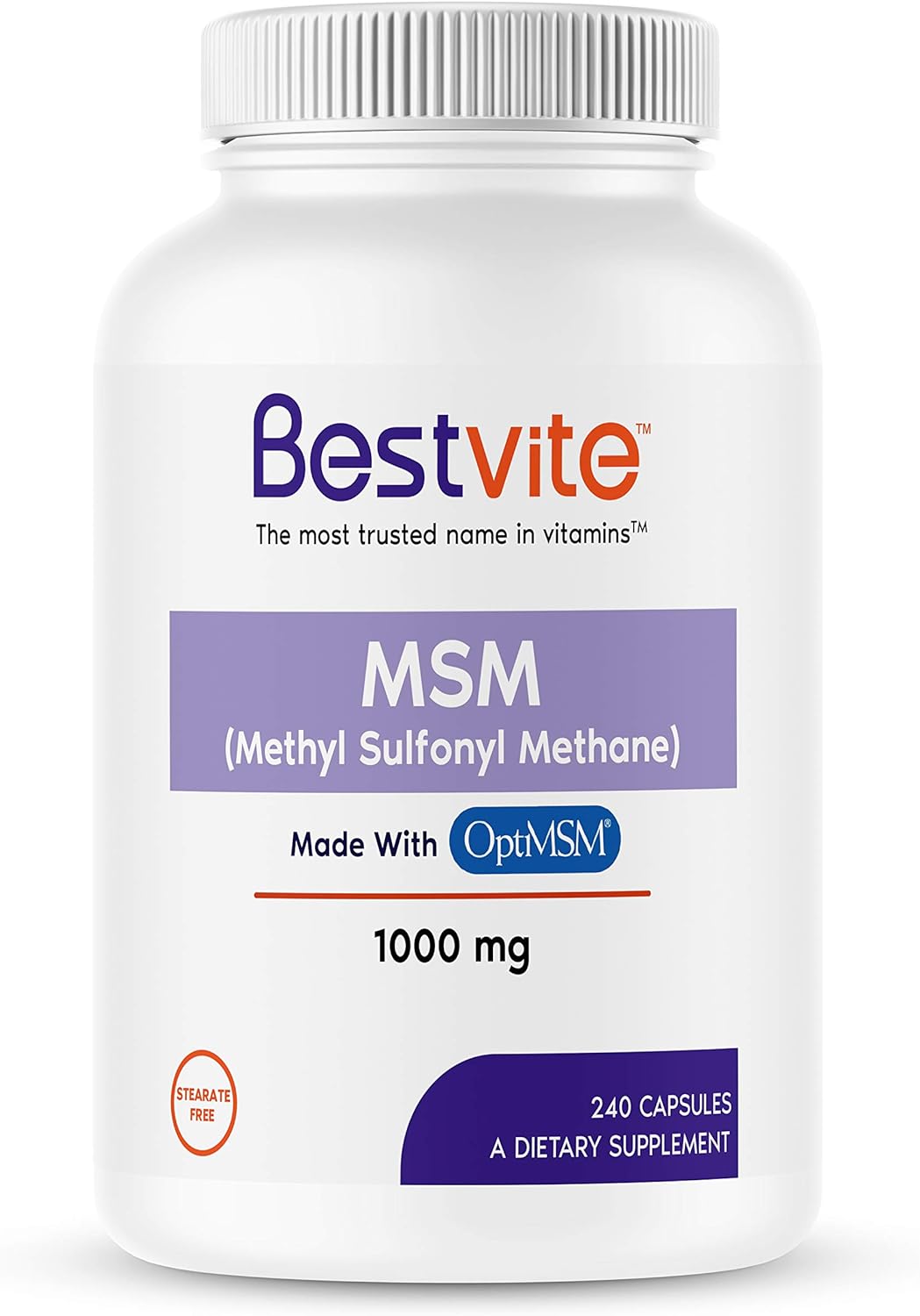 BESTVITE MSM 1000mg Made with OptiMSM (240 Capsules) - No Stearates -