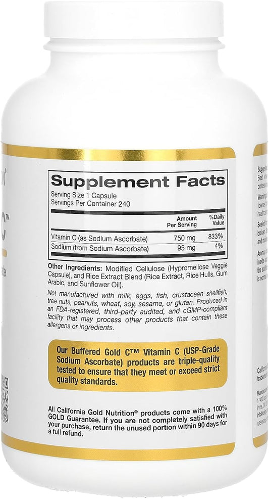 Buffered Gold C By California Gold Nutrition - Non-Acidic Vitamin C Supplement - Immune Support & Seasonal Wellness - Vegetarian Friendly - Gluten Free, Non-Gmo - 750 Mg - 240 Veggie Capsules