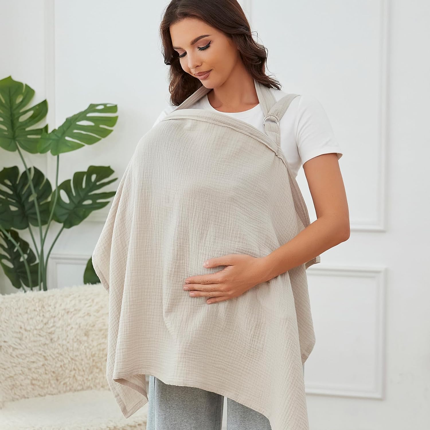 Muslin Nursing Cover For Breastfeeding, Breathable 100% Cotton Privacy Nursing Covers With Rigid Hoop For Mother Nursing Apron, Soft Arch Neckline Nursing Apron (Summer Wheat)