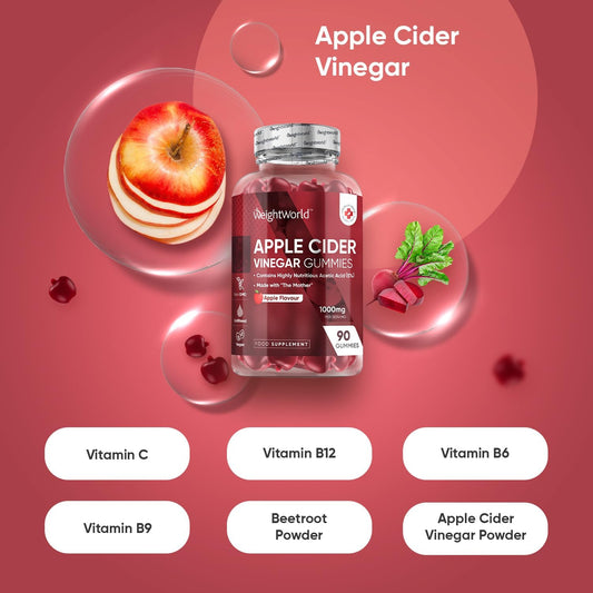 Apple Cider Vinegar Gummies 1000Mg - 90 Acv Gummies - With ''The Mother'', Vitamin C, B12, B6, B9 & Beetroot Powder - Vegan & Unfiltered