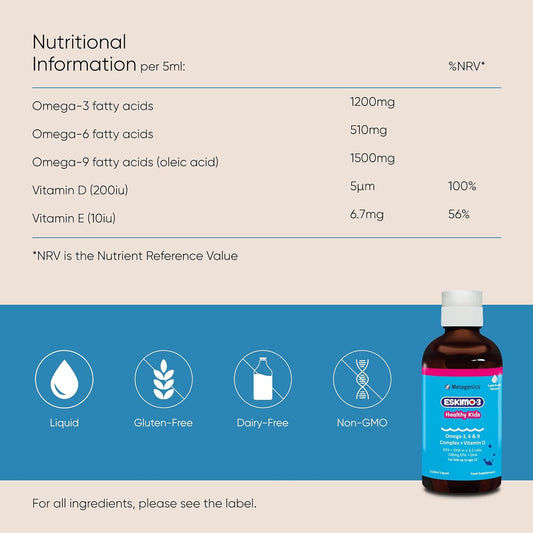 Eskimo-3 Healthy Kids Fish Oil By Metagenics - Omega-3, 6 & 9 + Vitamin D, 740Mg Epa + Dha - Tutti Frutti, 210Ml